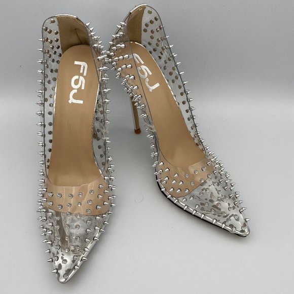 FSJ Shoes - FSJ Studded Pointed Toe Spiked Transparent Pump